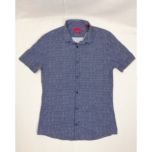Hugo Boss Navy White Allover Print Extra Slim Fit Short Sleeve Button Down Shirt - Picture 1 of 7